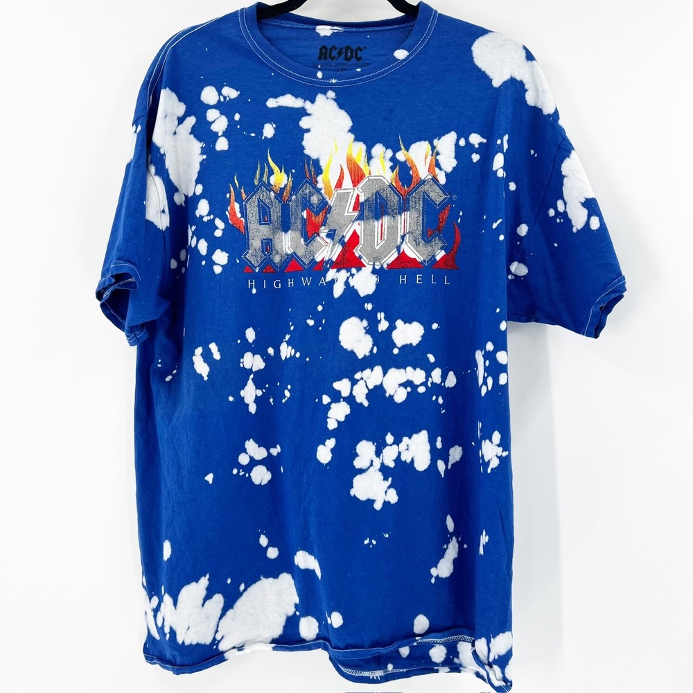 AC/DC Highway To Hell Royal Blue Bleach Splatter Graphic Band‎ Tee Large